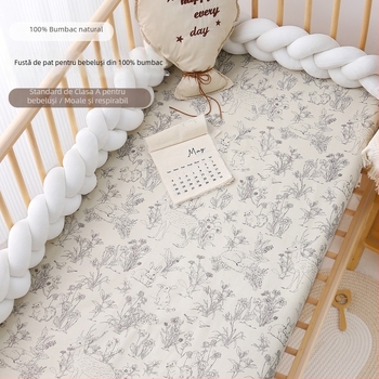 Cearșaf cu elastic din bumbac 100%, țesătură twill, imprimare reactivă, modele cu desene animate și flori, potrivit pentru sugari și copii mici