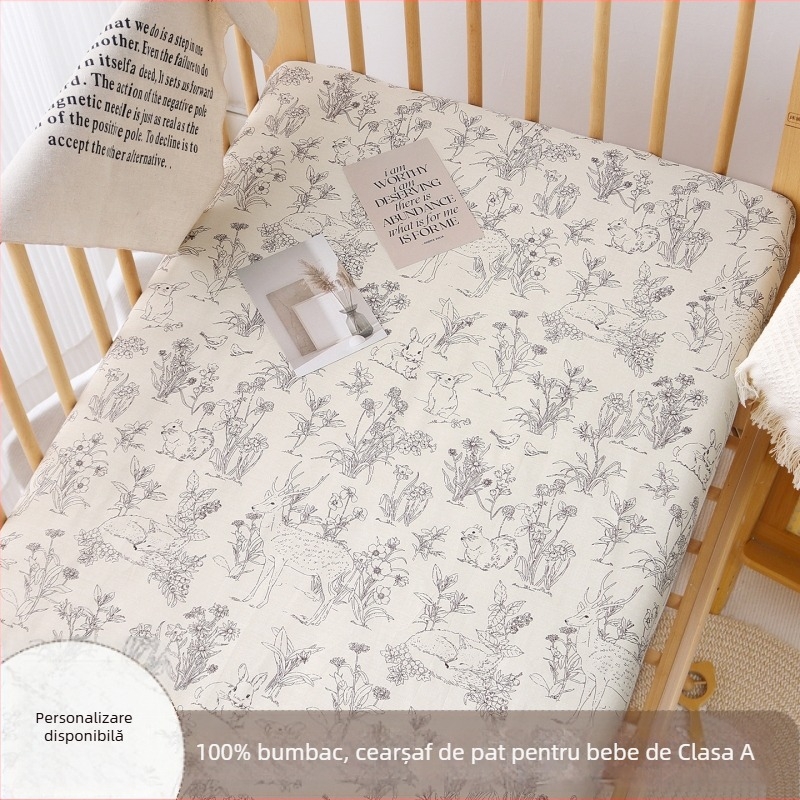 Cearșaf cu elastic din bumbac 100%, țesătură twill, imprimare reactivă, modele cu desene animate și flori, potrivit pentru sugari și copii mici