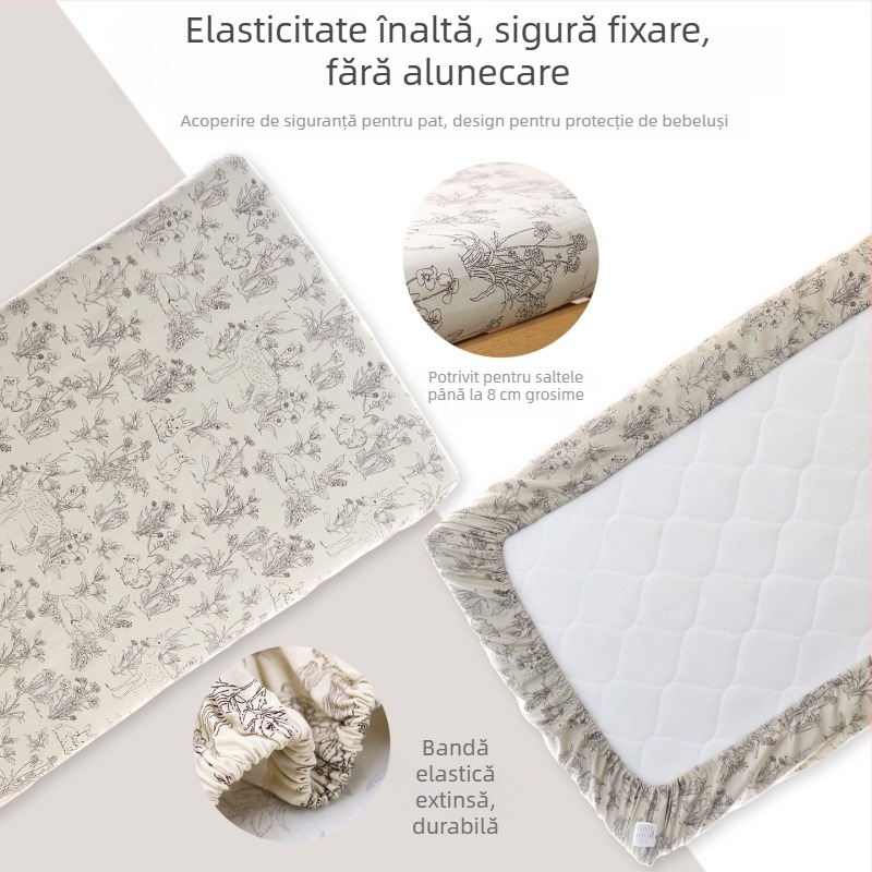 Cearșaf cu elastic din bumbac 100%, țesătură twill, imprimare reactivă, modele cu desene animate și flori, potrivit pentru sugari și copii mici