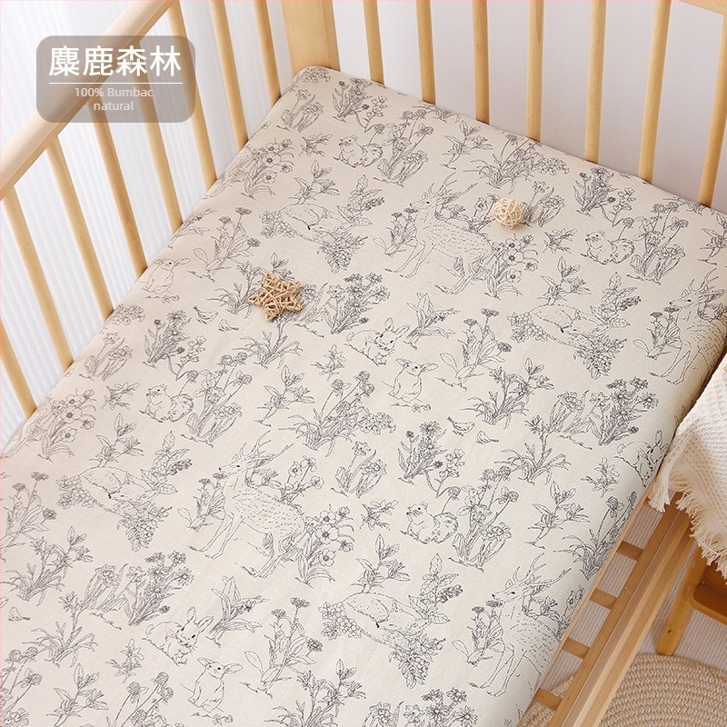 Cearșaf cu elastic din bumbac 100%, țesătură twill, imprimare reactivă, modele cu desene animate și flori, potrivit pentru sugari și copii mici