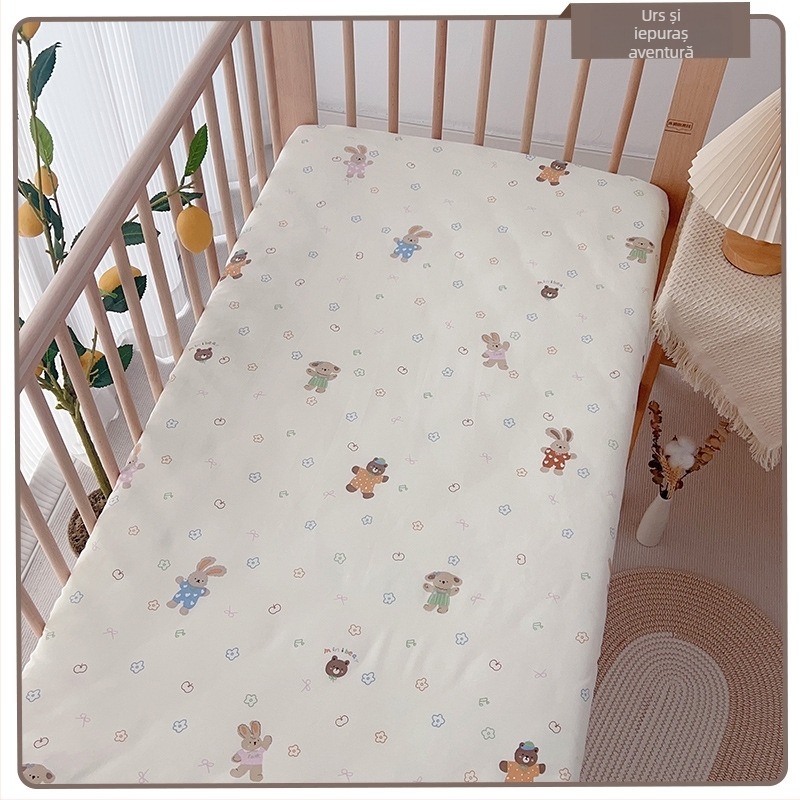 Cearșaf cu elastic din bumbac 100%, țesătură twill, imprimare reactivă, modele cu desene animate și flori, potrivit pentru sugari și copii mici