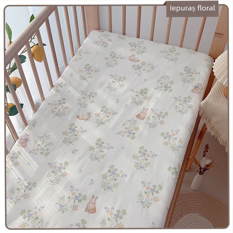 Cearșaf cu elastic din bumbac 100%, țesătură twill, imprimare reactivă, modele cu desene animate și flori, potrivit pentru sugari și copii mici