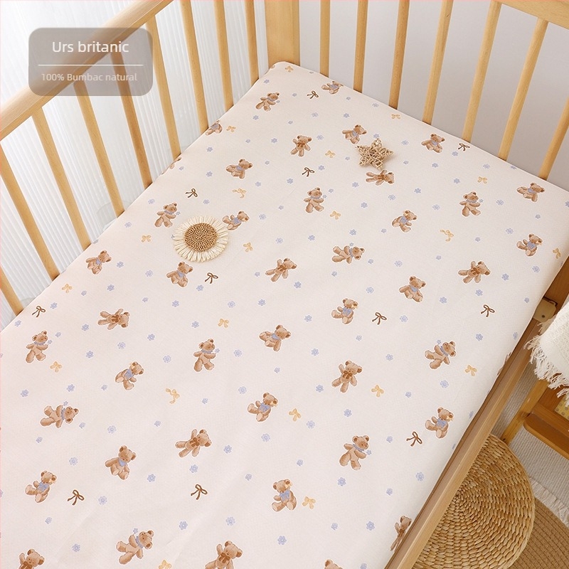 Cearșaf cu elastic din bumbac 100%, țesătură twill, imprimare reactivă, modele cu desene animate și flori, potrivit pentru sugari și copii mici