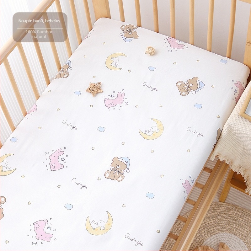 Cearșaf cu elastic din bumbac 100%, țesătură twill, imprimare reactivă, modele cu desene animate și flori, potrivit pentru sugari și copii mici