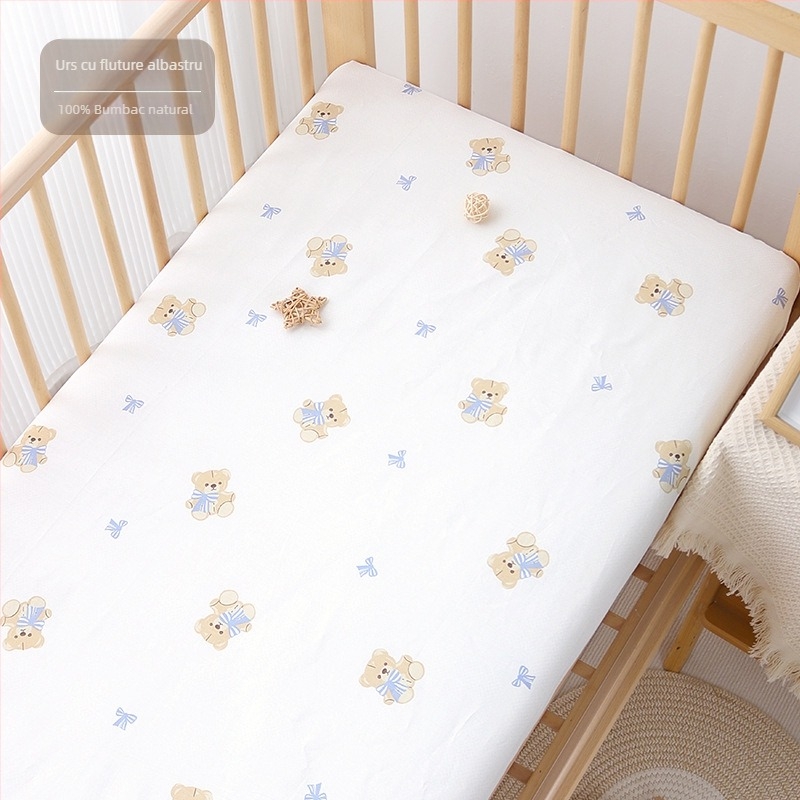 Cearșaf cu elastic din bumbac 100%, țesătură twill, imprimare reactivă, modele cu desene animate și flori, potrivit pentru sugari și copii mici