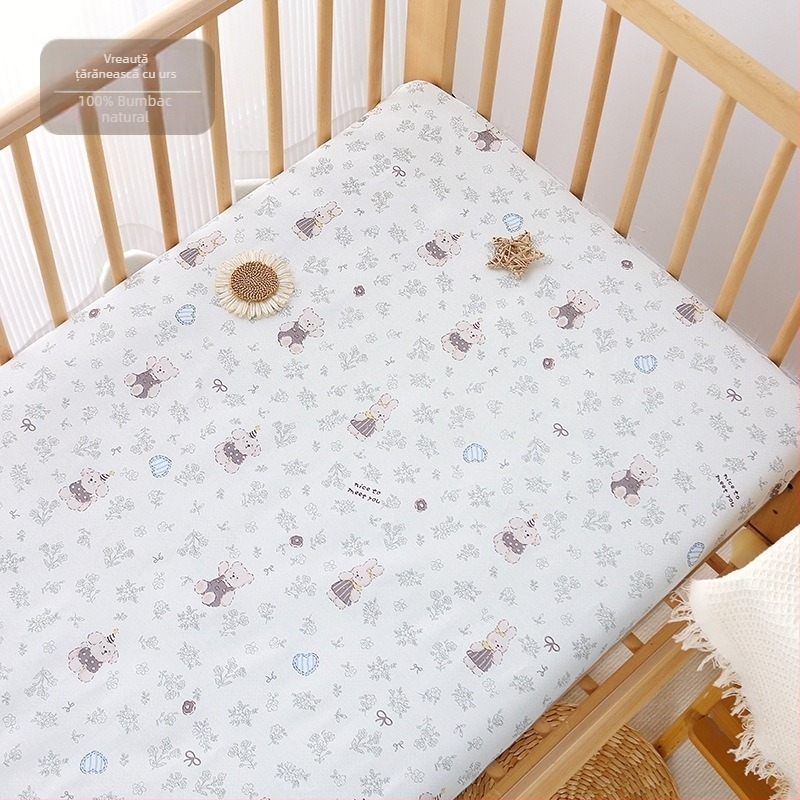 Cearșaf cu elastic din bumbac 100%, țesătură twill, imprimare reactivă, modele cu desene animate și flori, potrivit pentru sugari și copii mici