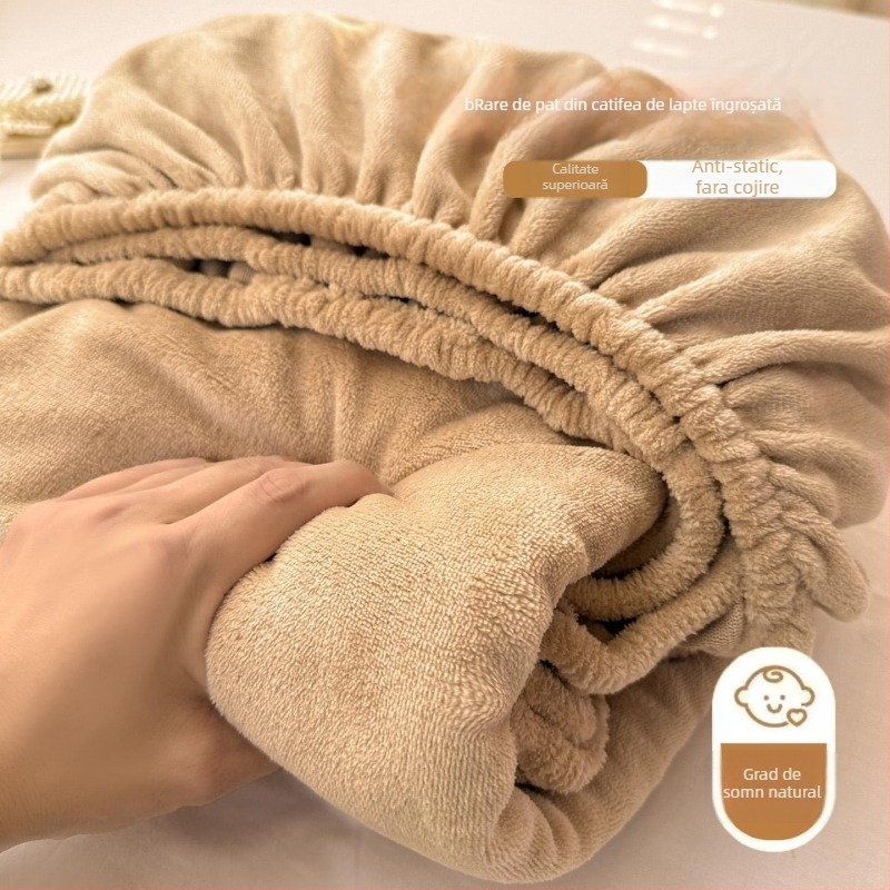 Husa de pat Coral Fleece, cu fixare - Îngroșată, Antiderapantă, Acoperire completă, Pentru cămine