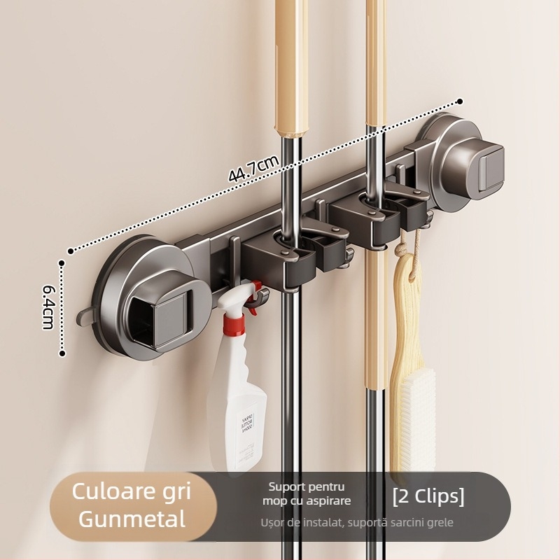 Suport mop cu ventuză – montaj pe perete fără găuri, din oțel carbon + ABS, acoperire cu pulverizare, stil modern minimalist, brand Diligent