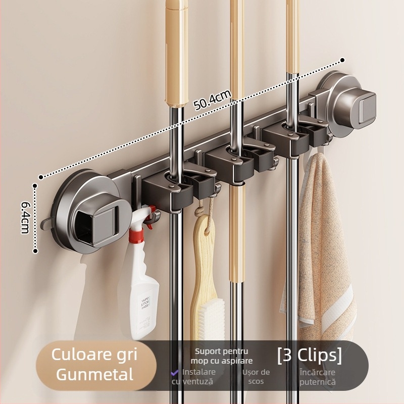 Suport mop cu ventuză – montaj pe perete fără găuri, din oțel carbon + ABS, acoperire cu pulverizare, stil modern minimalist, brand Diligent