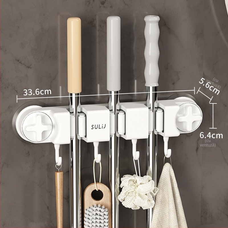 Suport mop cu ventuză – montaj pe perete fără găuri, din oțel carbon + ABS, acoperire cu pulverizare, stil modern minimalist, brand Diligent