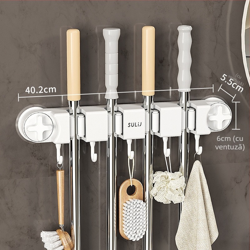 Suport mop cu ventuză – montaj pe perete fără găuri, din oțel carbon + ABS, acoperire cu pulverizare, stil modern minimalist, brand Diligent