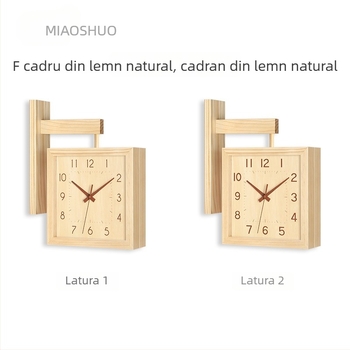 Ceas de perete, cu două fețe, lemn masiv, design minimalist, alimentat cu baterii, mișcare cu secunde netede