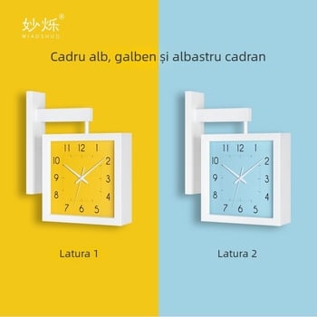 Ceas de perete, cu două fețe, lemn masiv, design minimalist, alimentat cu baterii, mișcare cu secunde netede