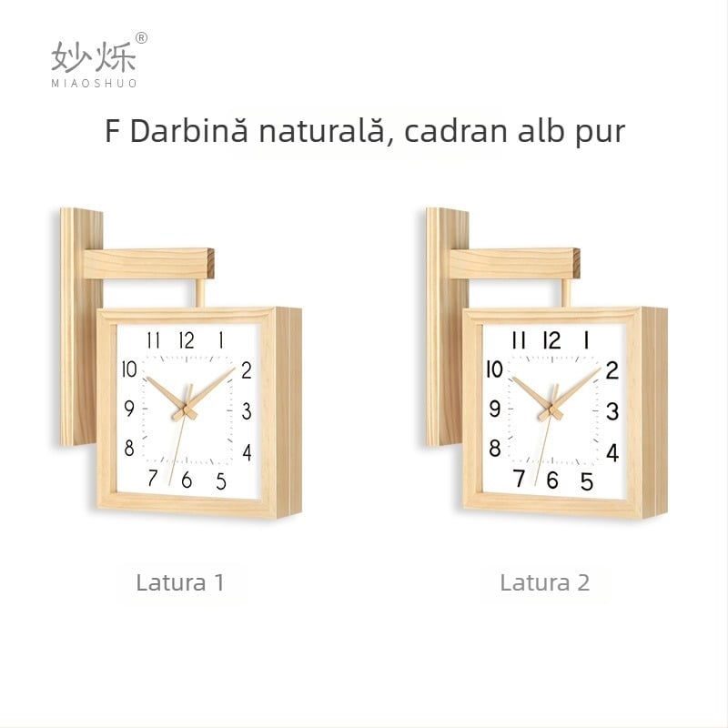 Ceas de perete, cu două fețe, lemn masiv, design minimalist, alimentat cu baterii, mișcare cu secunde netede
