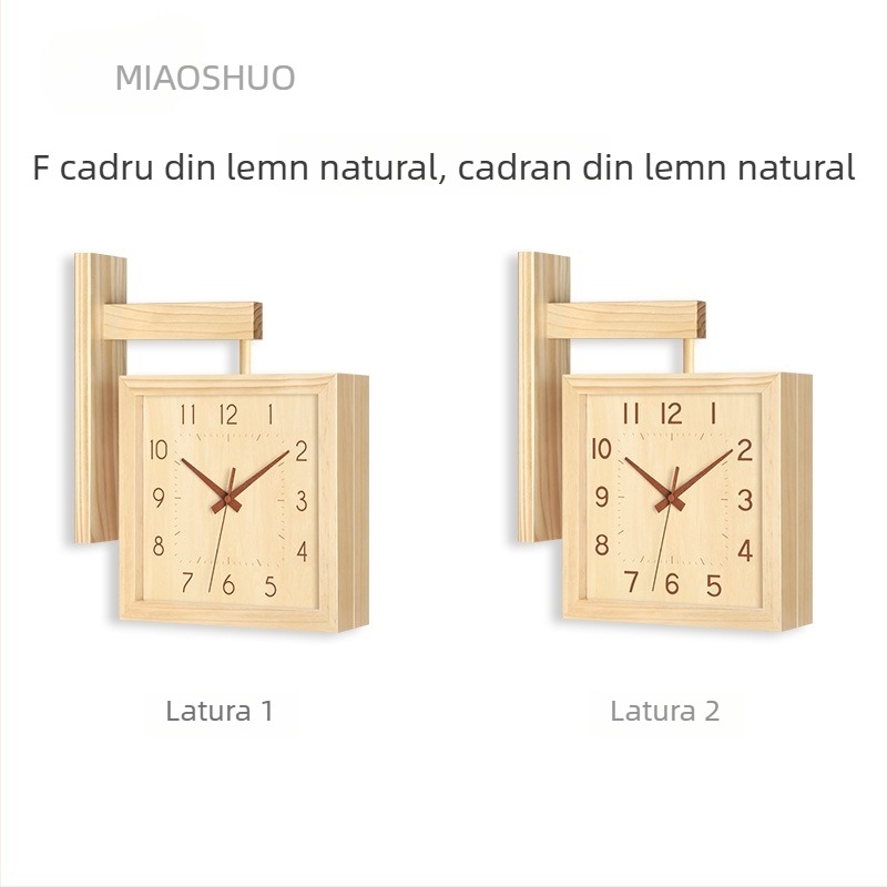 Ceas de perete, cu două fețe, lemn masiv, design minimalist, alimentat cu baterii, mișcare cu secunde netede