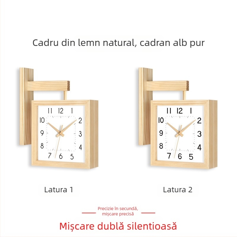 Ceas de perete, cu două fețe, lemn masiv, design minimalist, alimentat cu baterii, mișcare cu secunde netede