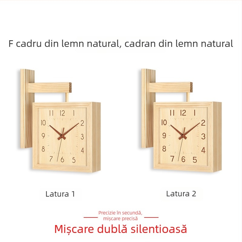 Ceas de perete, cu două fețe, lemn masiv, design minimalist, alimentat cu baterii, mișcare cu secunde netede