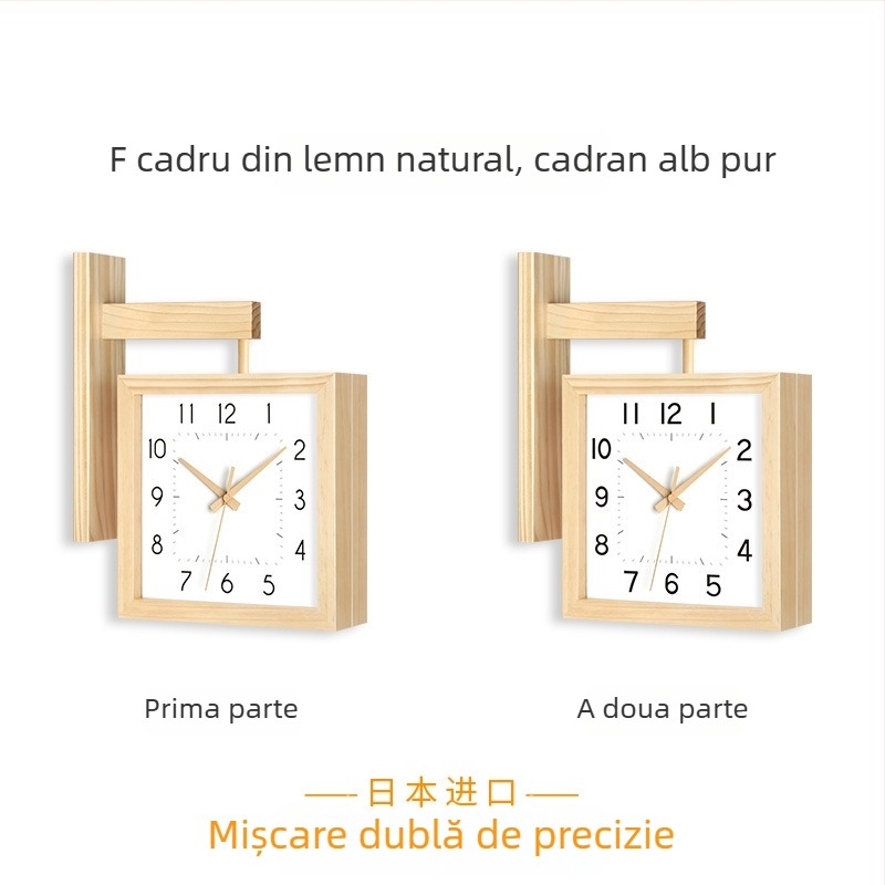 Ceas de perete, cu două fețe, lemn masiv, design minimalist, alimentat cu baterii, mișcare cu secunde netede