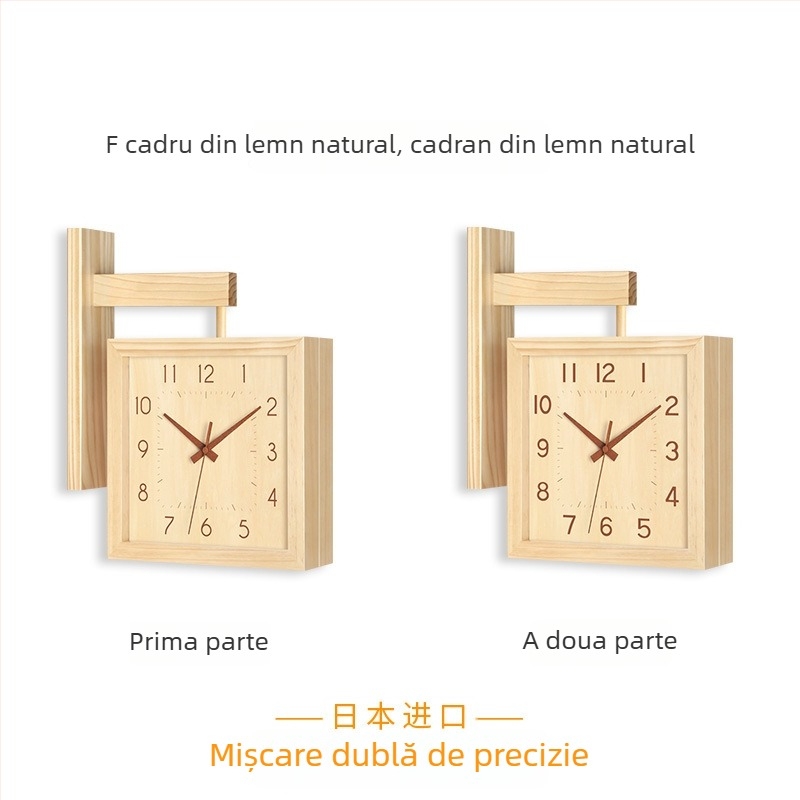 Ceas de perete, cu două fețe, lemn masiv, design minimalist, alimentat cu baterii, mișcare cu secunde netede