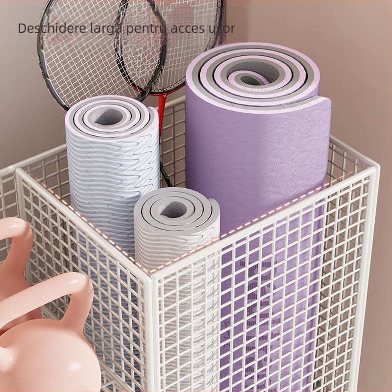 Qin qi Coș din oțel pentru depozitarea covorașului de yoga cu roți – stil modern, cărău pentru echipamente de fitness acasă și badminton