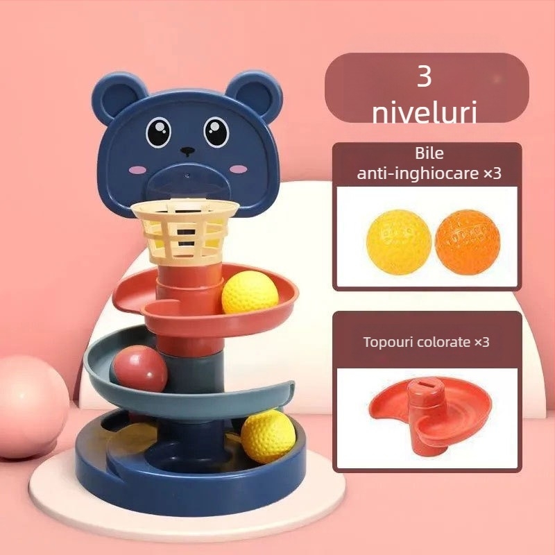 Jucărie educativă cu turn de mingi pe traseu pentru copii 3–6 ani, din plastic; dezvoltă abilități motorii, coordonare mână-ochi și vedere.