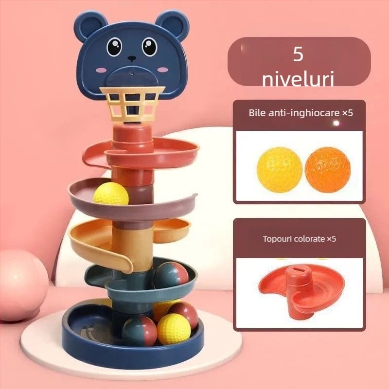 Jucărie educativă cu turn de mingi pe traseu pentru copii 3–6 ani, din plastic; dezvoltă abilități motorii, coordonare mână-ochi și vedere.