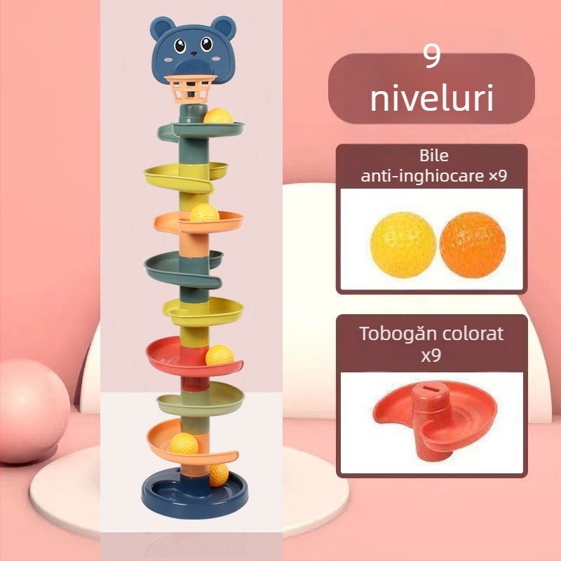Jucărie educativă cu turn de mingi pe traseu pentru copii 3–6 ani, din plastic; dezvoltă abilități motorii, coordonare mână-ochi și vedere.