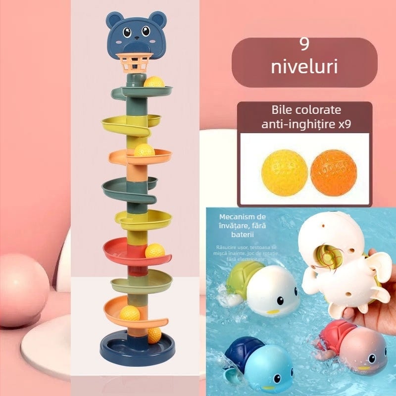 Jucărie educativă cu turn de mingi pe traseu pentru copii 3–6 ani, din plastic; dezvoltă abilități motorii, coordonare mână-ochi și vedere.