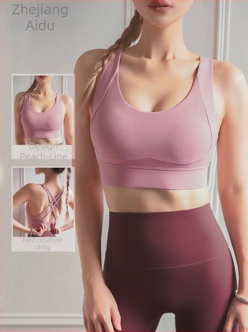 Sutien yoga cupe modelate, bretele fixe de tip dublu, închidere spate cu trei rânduri, țesătură NULS din nailon cu căptușeală din nailon