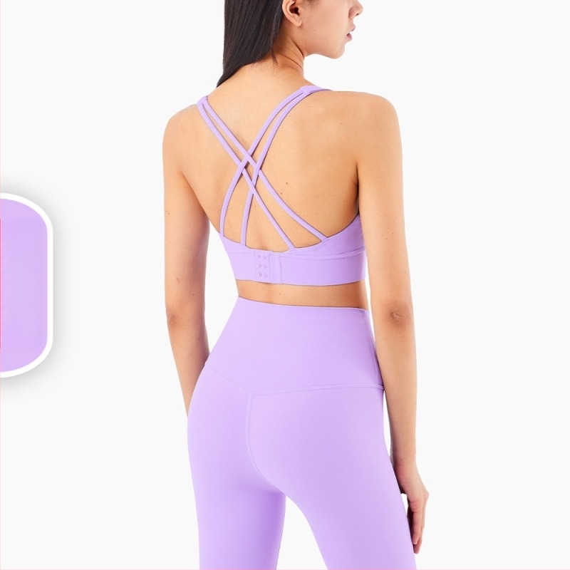 Sutien yoga cupe modelate, bretele fixe de tip dublu, închidere spate cu trei rânduri, țesătură NULS din nailon cu căptușeală din nailon