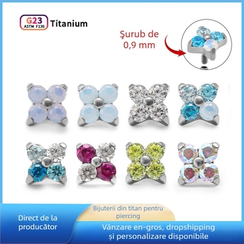 Bijuterii de piercing pentru urechi din aliaj de titan, formă trifoi cu patru foi, zirconiu cubic sintetic, montură inlay