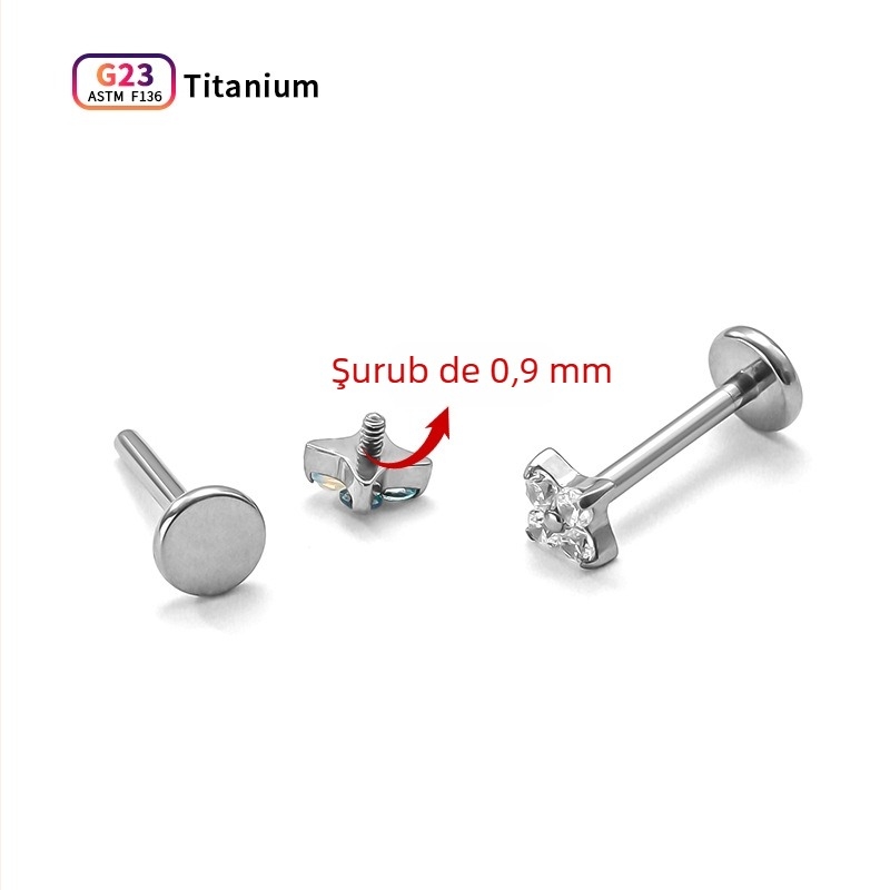 Bijuterii de piercing pentru urechi din aliaj de titan, formă trifoi cu patru foi, zirconiu cubic sintetic, montură inlay