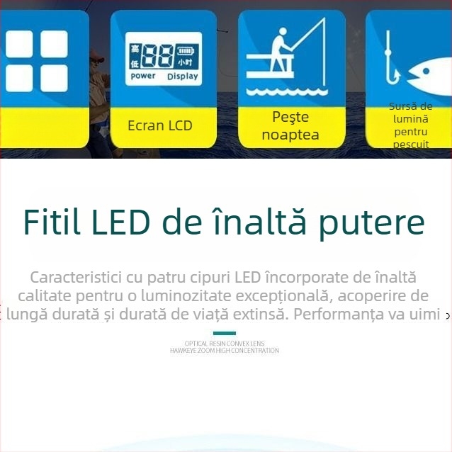 Lampa de pescuit de noapte cu patru surse de lumină, zoom, turelă laser de înaltă putere, alimentată cu baterii