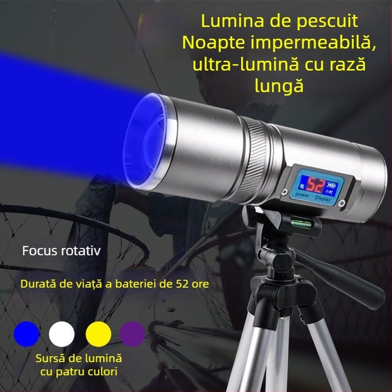 Lampa de pescuit de noapte cu patru surse de lumină, zoom, turelă laser de înaltă putere, alimentată cu baterii