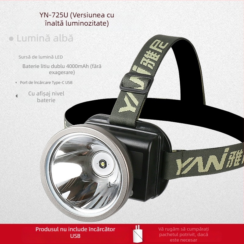 Lampa frontală reîncărcabilă, ultra-luminoasă, rază 300 m, autonomie 10 ore, baterie Li-ion 18650