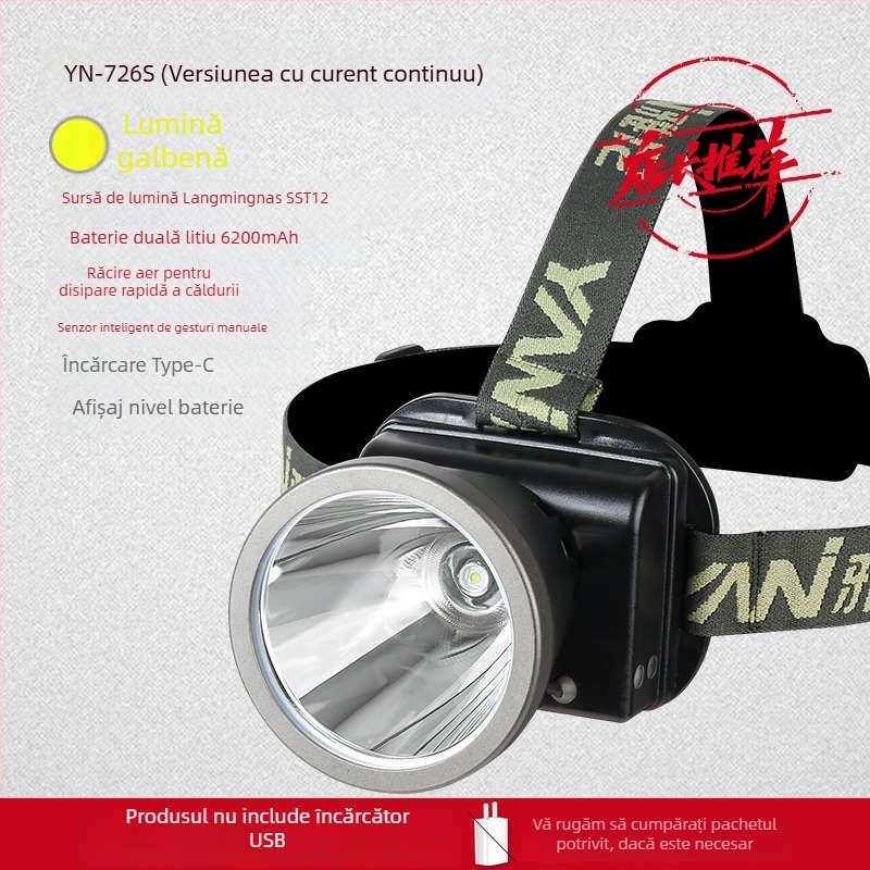 Lampa frontală reîncărcabilă, ultra-luminoasă, rază 300 m, autonomie 10 ore, baterie Li-ion 18650