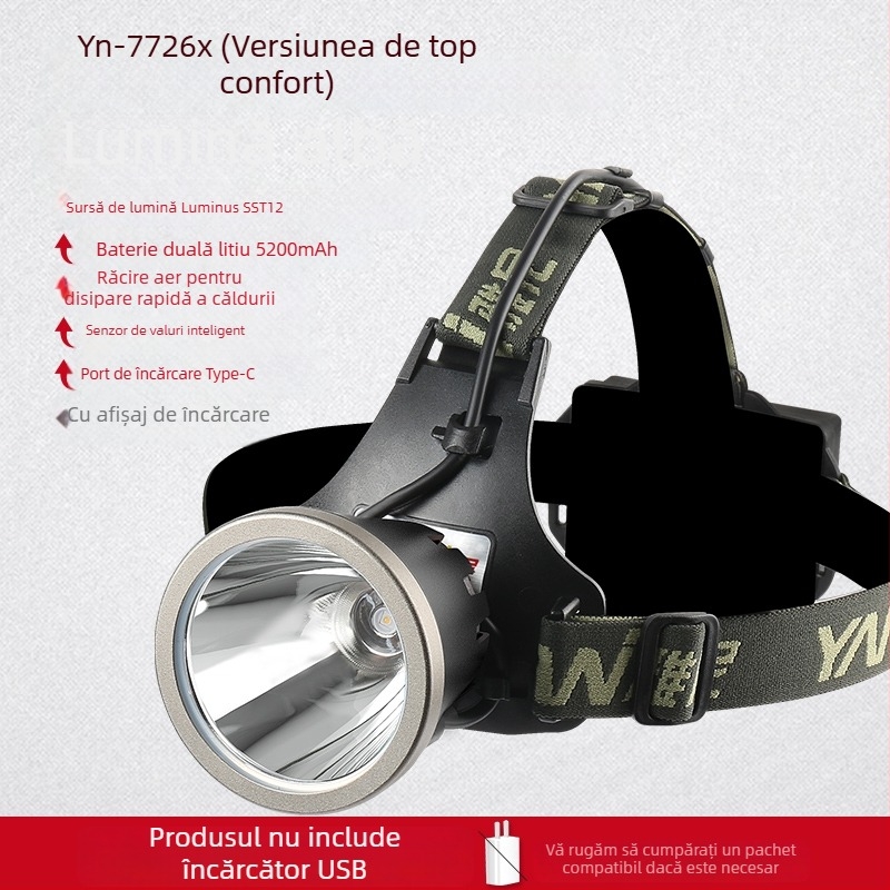 Lampa frontală reîncărcabilă, ultra-luminoasă, rază 300 m, autonomie 10 ore, baterie Li-ion 18650