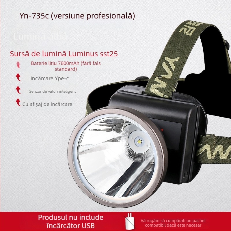 Lampa frontală reîncărcabilă, ultra-luminoasă, rază 300 m, autonomie 10 ore, baterie Li-ion 18650