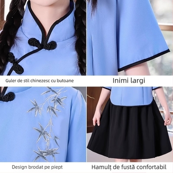 Costum de scenă pentru copii, în stil Zhongshan, unisex, pentru corul școlar și recitare; vârsta 3–8 ani; țesătură principală Vinylon 100%; denumire țesătură: bumbac și in; tratament: moale și cu amoniu lichid