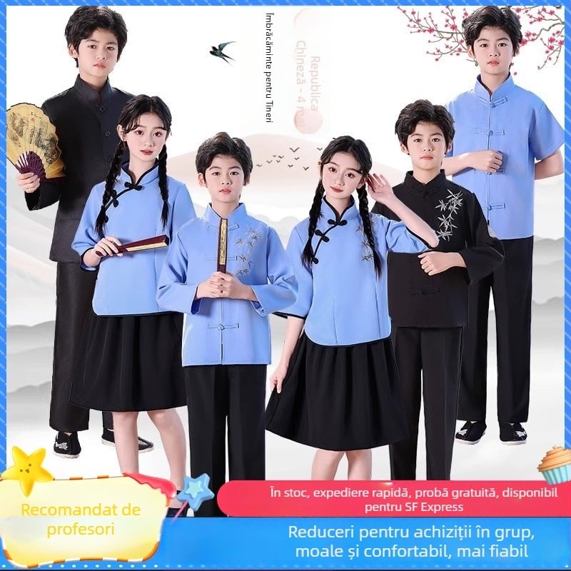 Costum de scenă pentru copii, în stil Zhongshan, unisex, pentru corul școlar și recitare; vârsta 3–8 ani; țesătură principală Vinylon 100%; denumire țesătură: bumbac și in; tratament: moale și cu amoniu lichid