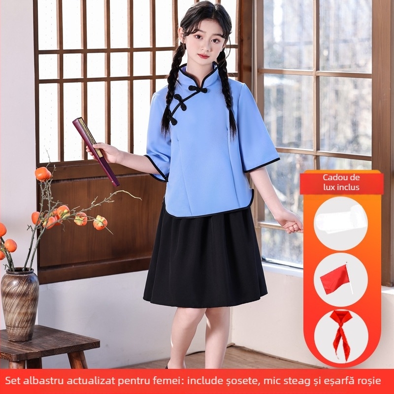 Costum de scenă pentru copii, în stil Zhongshan, unisex, pentru corul școlar și recitare; vârsta 3–8 ani; țesătură principală Vinylon 100%; denumire țesătură: bumbac și in; tratament: moale și cu amoniu lichid