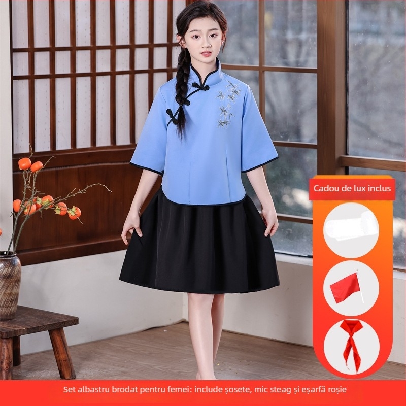 Costum de scenă pentru copii, în stil Zhongshan, unisex, pentru corul școlar și recitare; vârsta 3–8 ani; țesătură principală Vinylon 100%; denumire țesătură: bumbac și in; tratament: moale și cu amoniu lichid