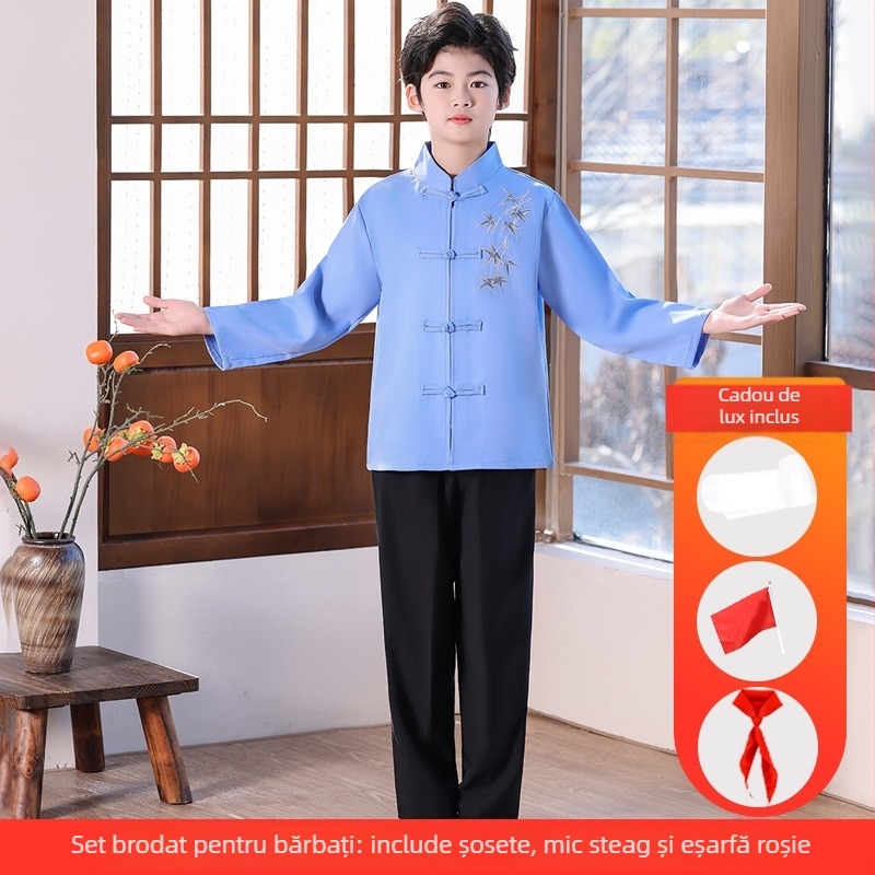Costum de scenă pentru copii, în stil Zhongshan, unisex, pentru corul școlar și recitare; vârsta 3–8 ani; țesătură principală Vinylon 100%; denumire țesătură: bumbac și in; tratament: moale și cu amoniu lichid