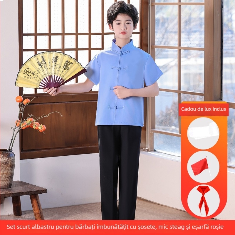 Costum de scenă pentru copii, în stil Zhongshan, unisex, pentru corul școlar și recitare; vârsta 3–8 ani; țesătură principală Vinylon 100%; denumire țesătură: bumbac și in; tratament: moale și cu amoniu lichid