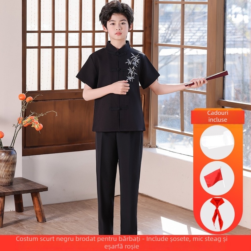 Costum de scenă pentru copii, în stil Zhongshan, unisex, pentru corul școlar și recitare; vârsta 3–8 ani; țesătură principală Vinylon 100%; denumire țesătură: bumbac și in; tratament: moale și cu amoniu lichid