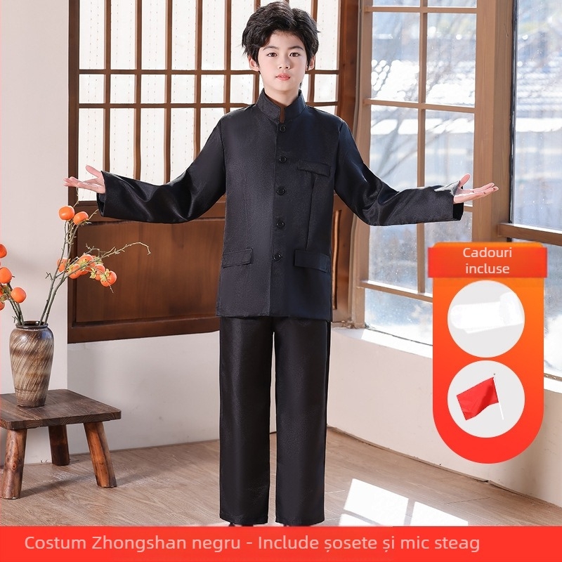 Costum de scenă pentru copii, în stil Zhongshan, unisex, pentru corul școlar și recitare; vârsta 3–8 ani; țesătură principală Vinylon 100%; denumire țesătură: bumbac și in; tratament: moale și cu amoniu lichid