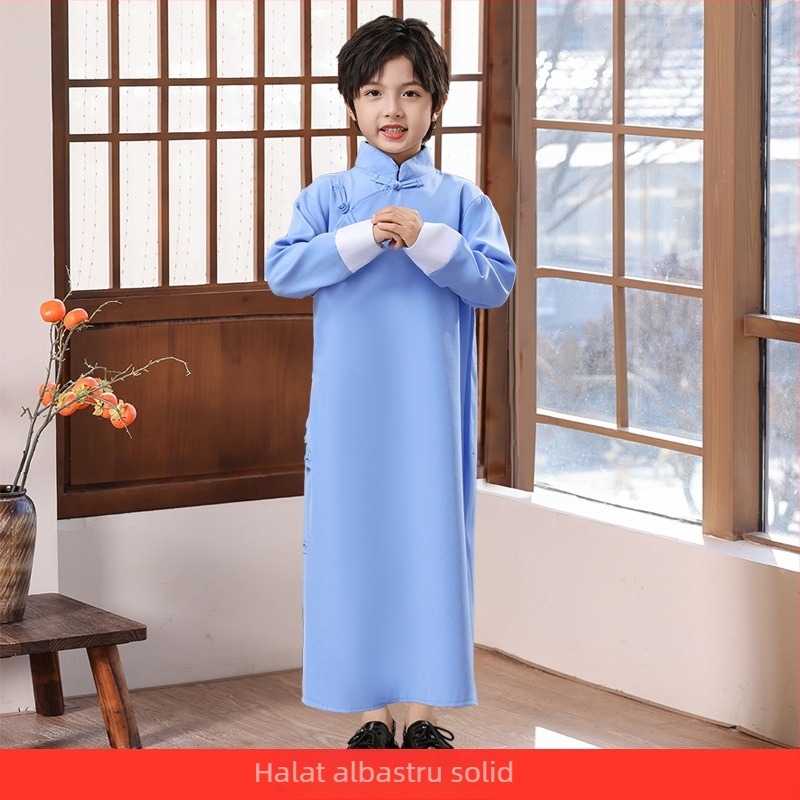 Costum de scenă pentru copii, în stil Zhongshan, unisex, pentru corul școlar și recitare; vârsta 3–8 ani; țesătură principală Vinylon 100%; denumire țesătură: bumbac și in; tratament: moale și cu amoniu lichid