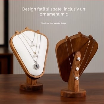 Suport pentru coliere din lemn cu textură nuc – afișaj de bijuterii pe birou, stil modern minimalist, 1 nivel