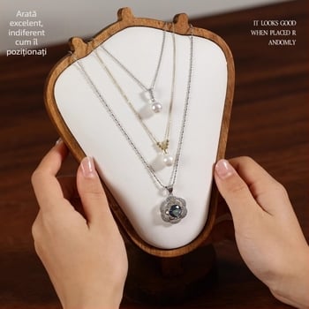 Suport pentru coliere din lemn cu textură nuc – afișaj de bijuterii pe birou, stil modern minimalist, 1 nivel