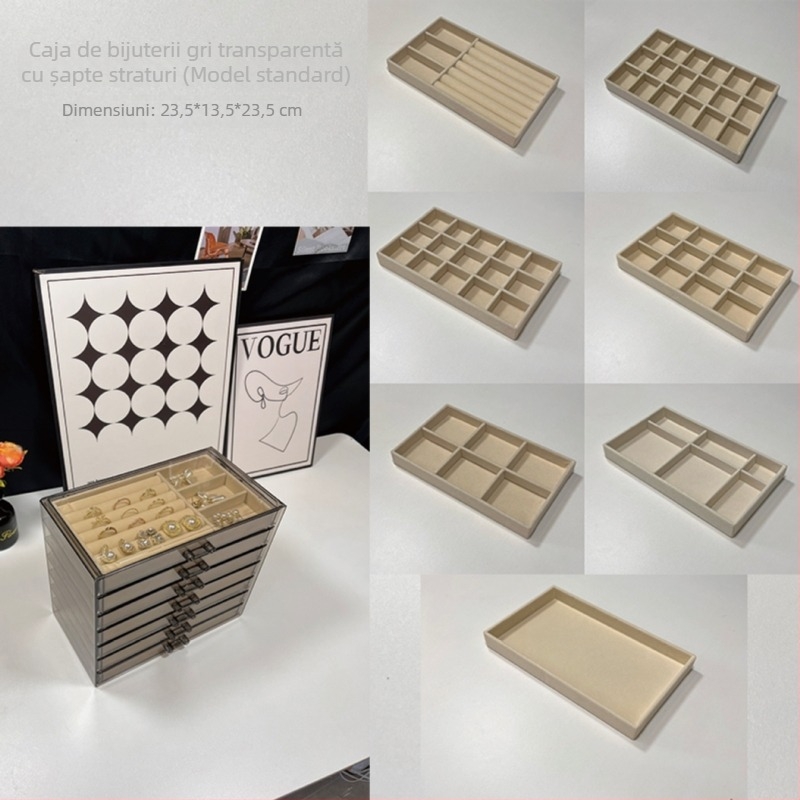 Cutie de bijuterii cu 7 etaje, mare capacitate pentru cercei și coliere, depozitare pe birou, rezistentă la praf și umiditate, plastic, design simplu modern
